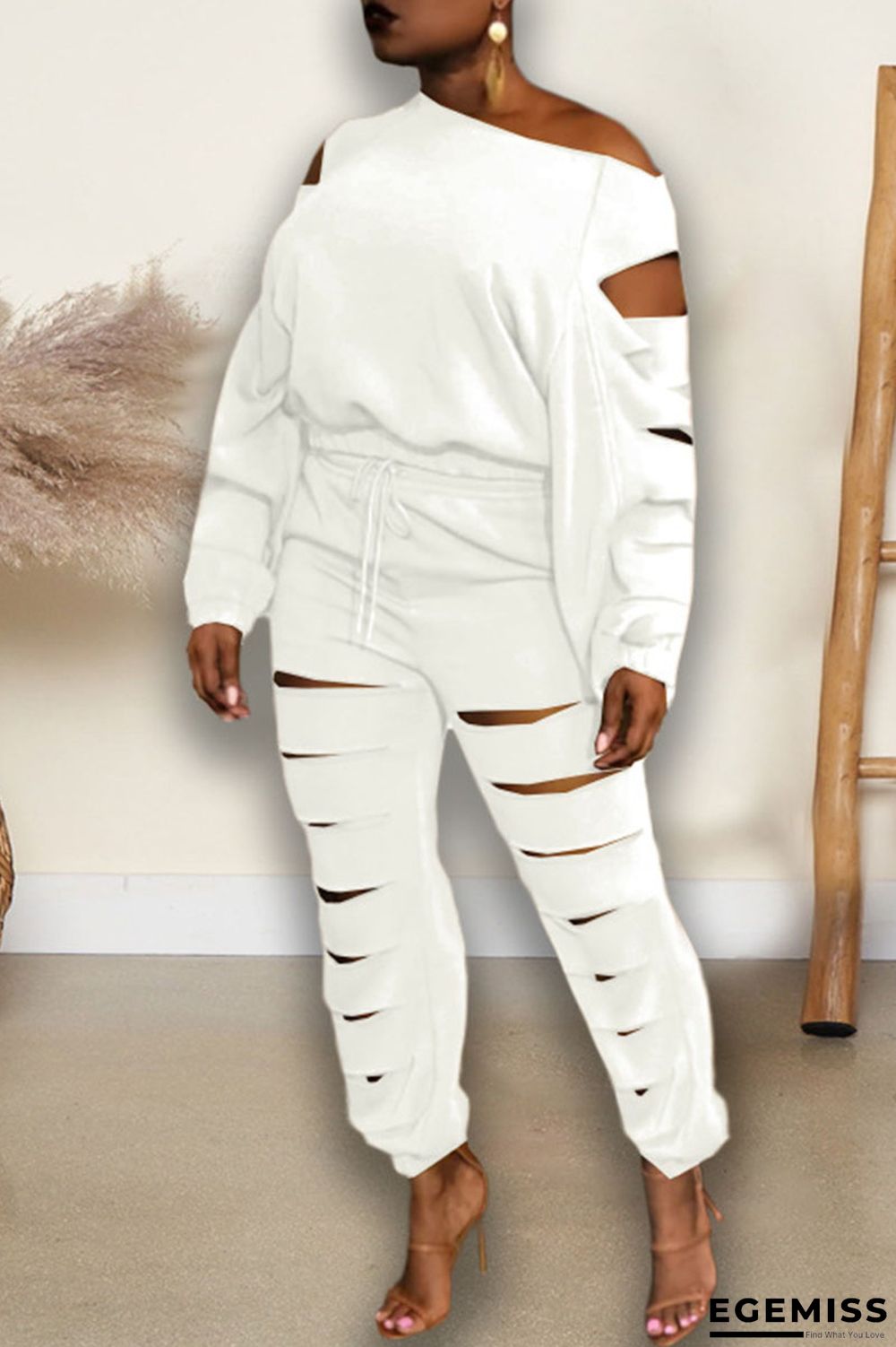 White Casual Street Solid Hollowed Out Patchwork O Neck Long Sleeve Two Pieces | EGEMISS