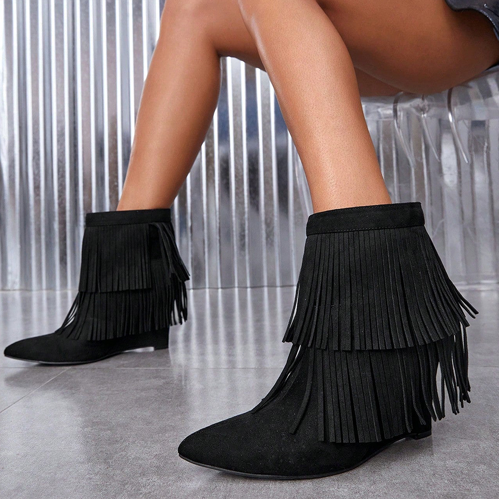 Black Faux Suede Closed Toe 4'' Wedge Heel Ankle Fringe Boots Nicepairs