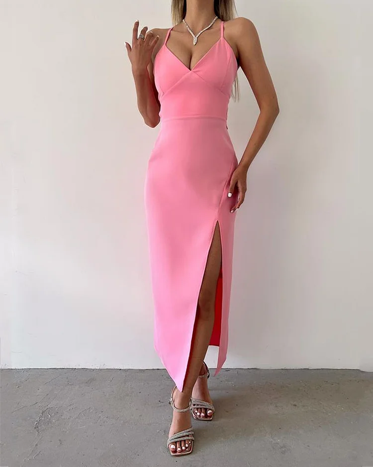 Elegant Solid Color V-neck Slit Dress