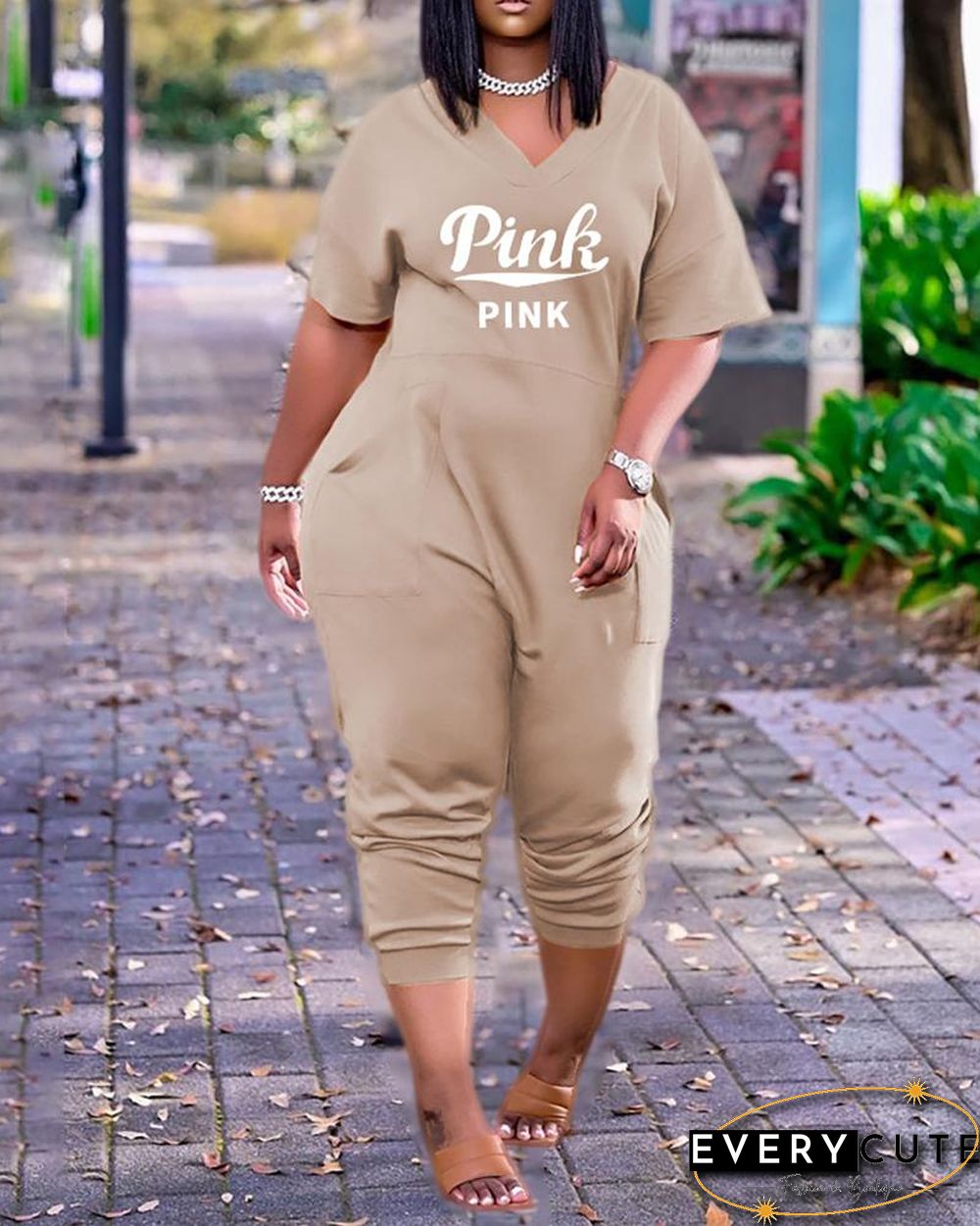 Letter Print V-Neck Short Sleeve Pocket Design Jumpsuit