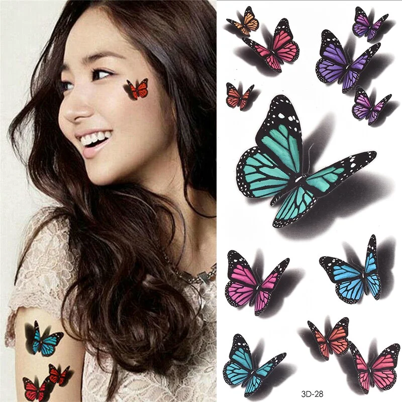 3D Feather Butterfly Rose Flower Temporary Tattoos Sticker for Women Body Art Makeup Waterproof Tattoo Sticker Halloween Gift