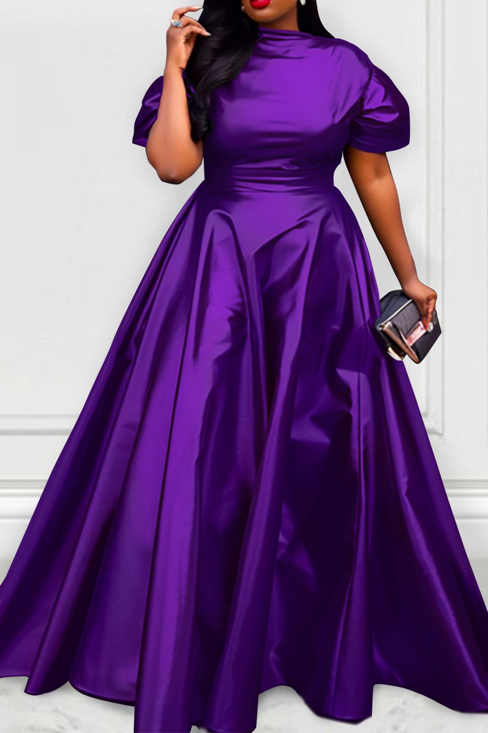 Design Plus Size Semi Formal Elegant Purple Fall Winter Short Sleeve Satin Maxi Dresses
