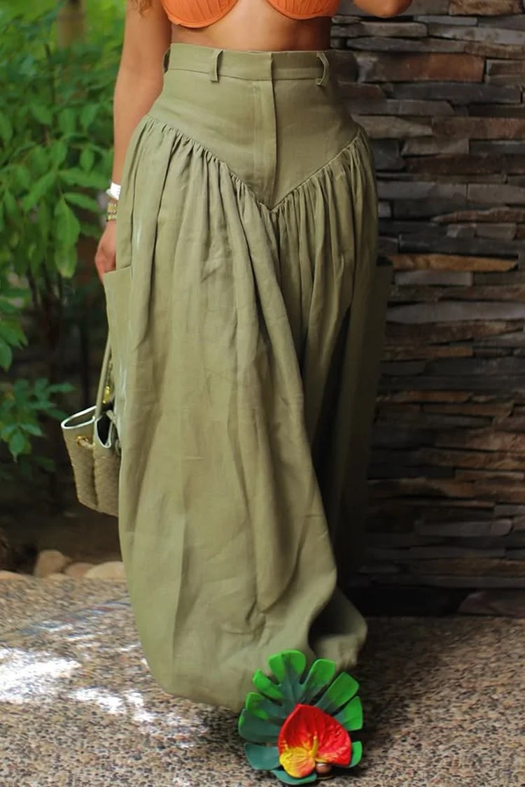 Plus Size Daily Army Green Pocket Wide Leg Pants [Pre-Order] 2024 - Xpluswear
