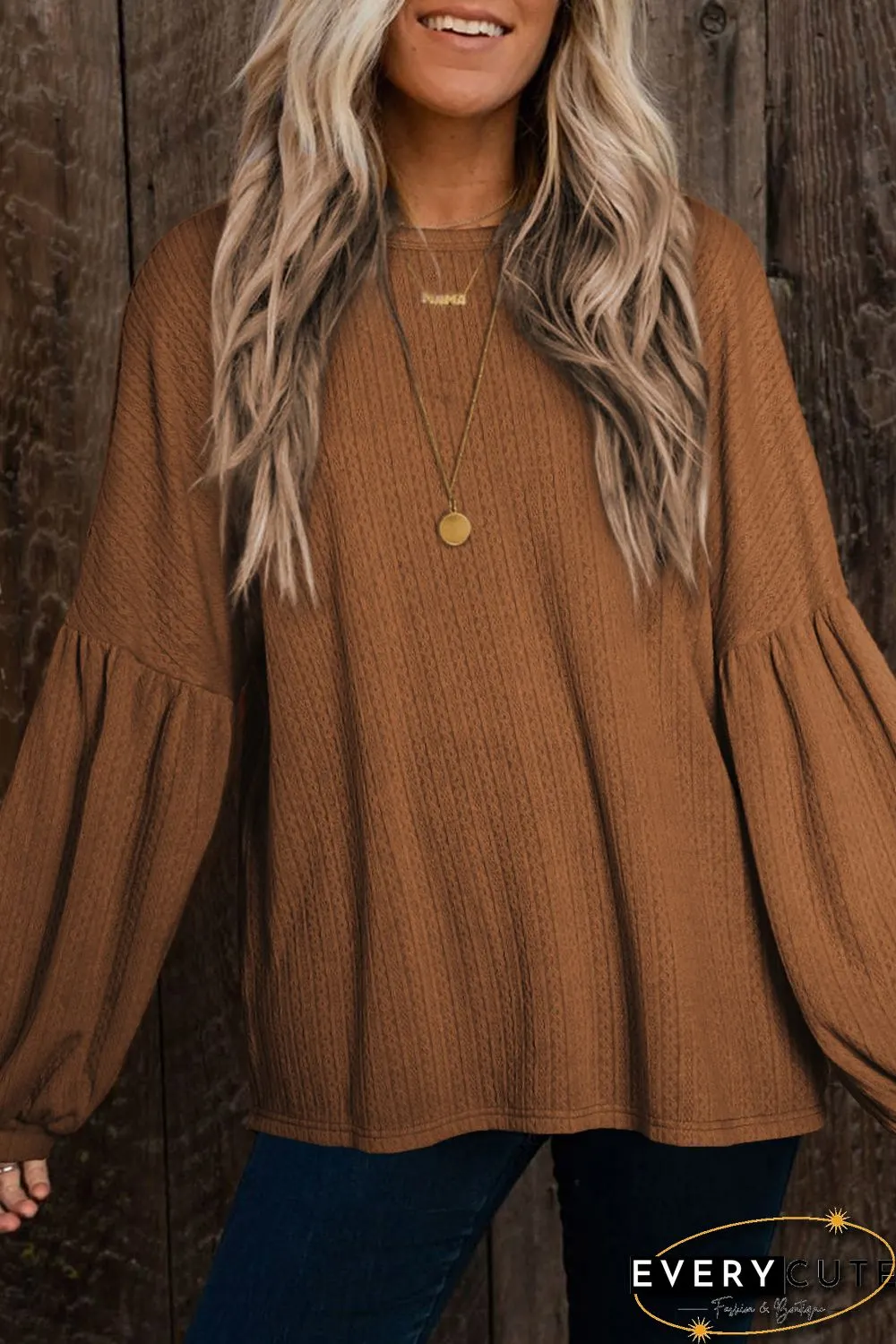Orange Faux Knit Jacquard Puffy Long Sleeve Top