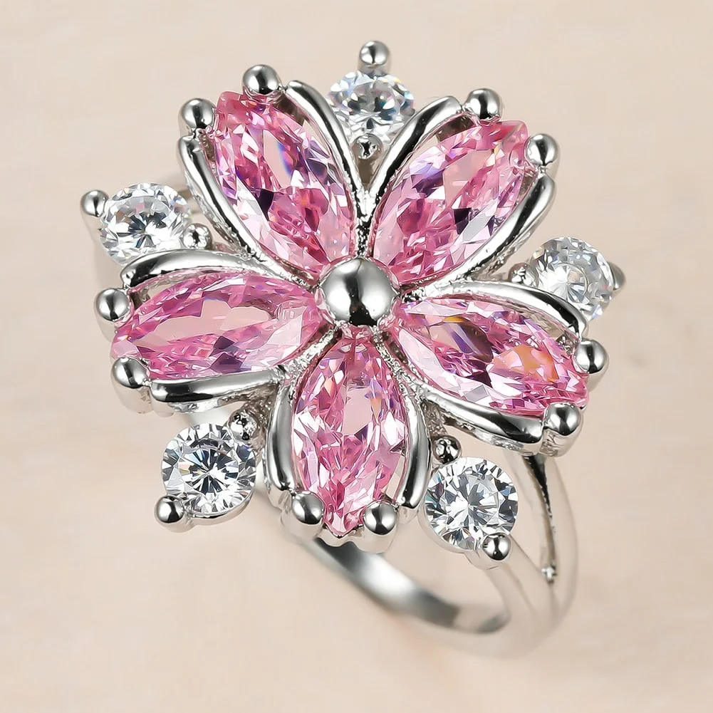 Luxury Female Pink Crystal Stone Ring Charm Silver Color Thin Wedding Rings For Women Dainty Bride Flower Zircon Engagement Ring