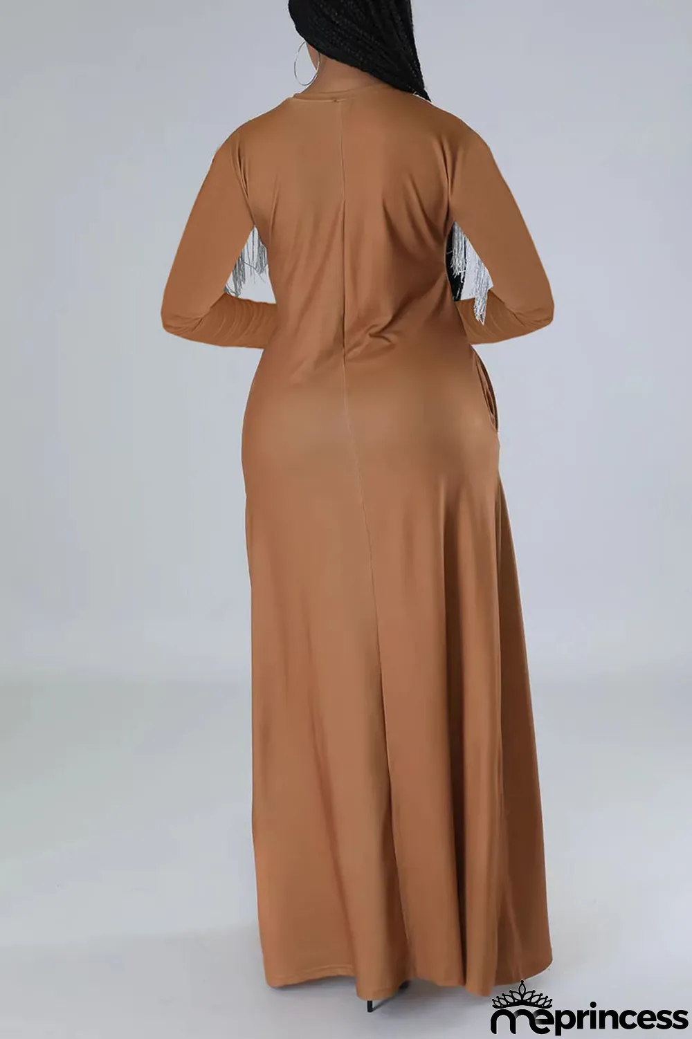 Light Brown Sexy Street Print Tassel Patchwork V Neck Straight Dresses