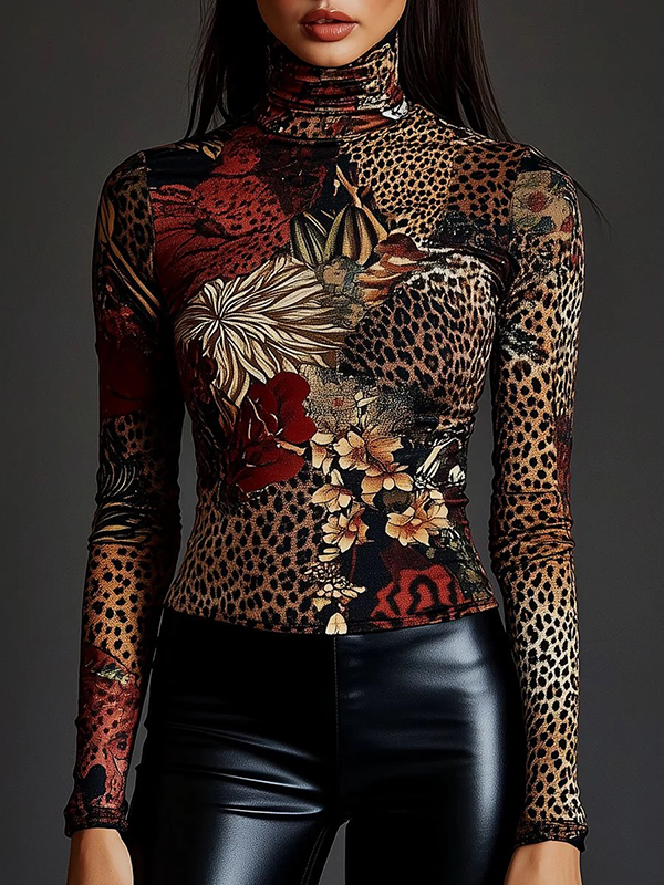 Turtleneck Leopard and Floral Print Long Sleeve T-shirt