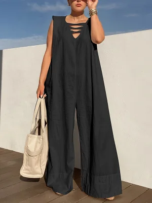 Image of Loose Sleeveless Hollow Solid Color V-Neck Jumpsuits