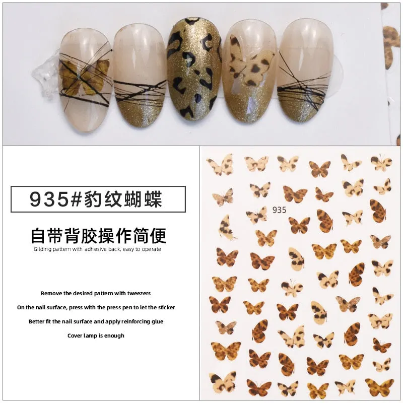 1PC 3D leopardo Nail Stickers Decals Butterfly Leopard Back Adhesive Sliders Wraps Colorful DIY Nail Art Extension Decoration-Nail Inspo