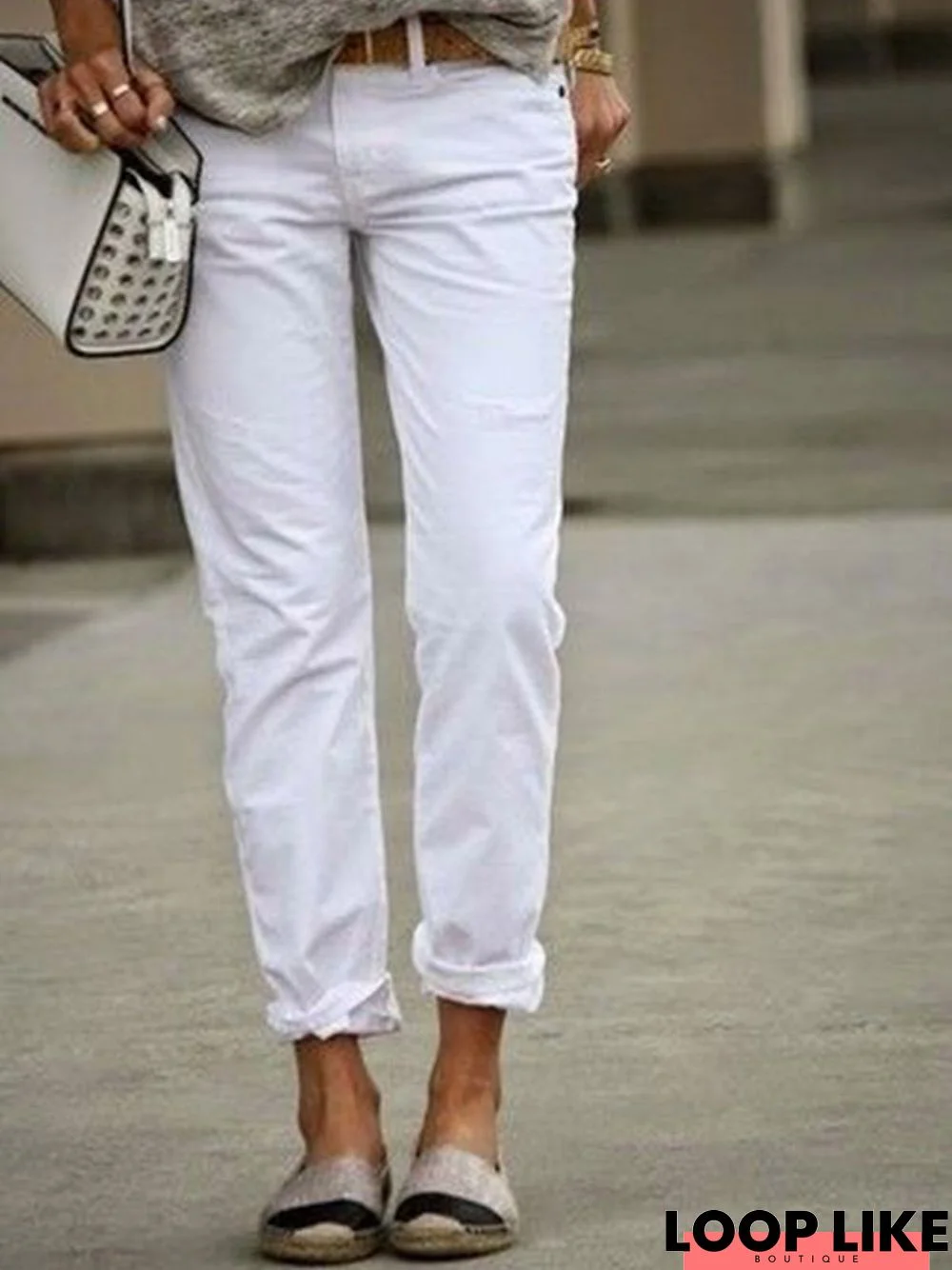 zolucky White Casual Cotton-Blend Fashion Solid Pants