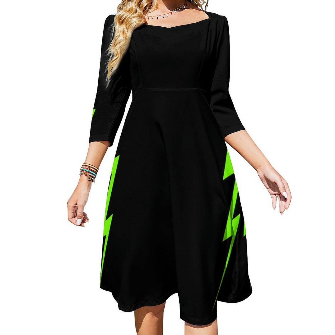Black Neon Green Lightning Bolt Dress Sweetheart Tie Back Flared 3/4 Sleeve Midi Dresses