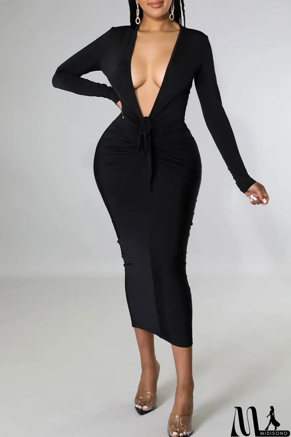 MidiSono - Black Sexy Solid Split Joint V Neck One Step Skirt Dresses