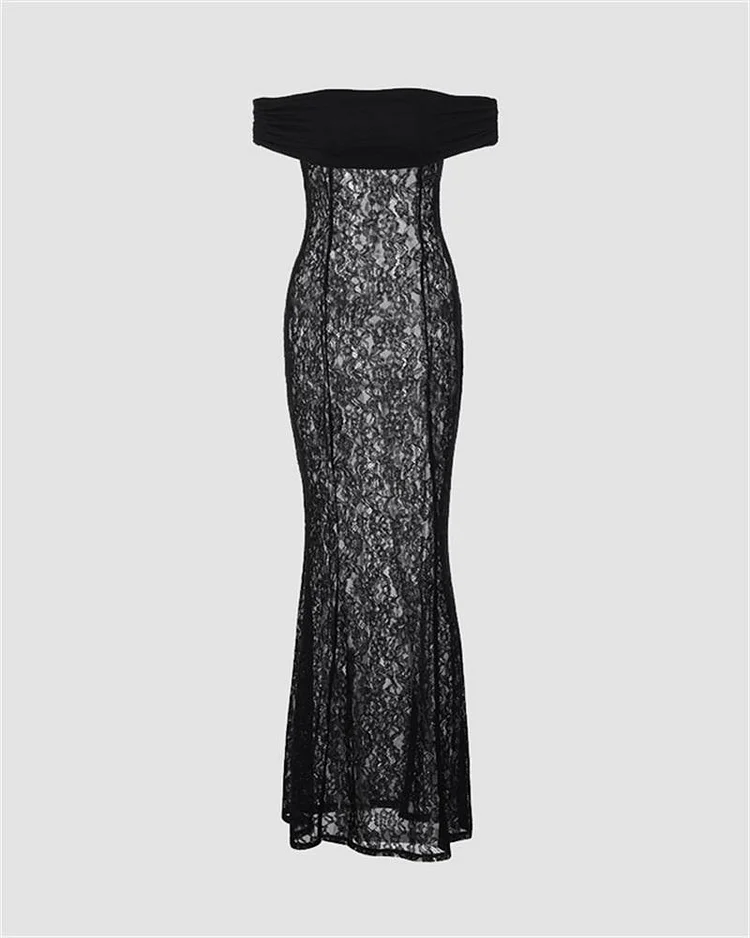 See-Through Lace Slim Off Shoulder Maxi Dress