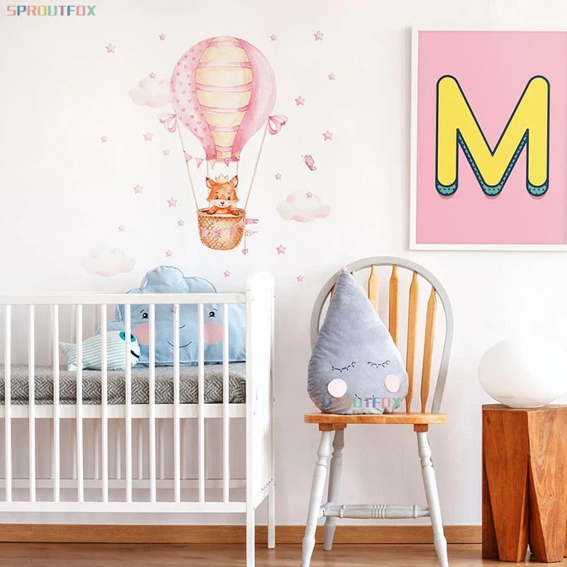 Watercolour Pink Hot Air Balloon Wall Stickers Pink Fox Animals Wall Decals for Baby Nursery Room Girls Bedroom Kids Stickers