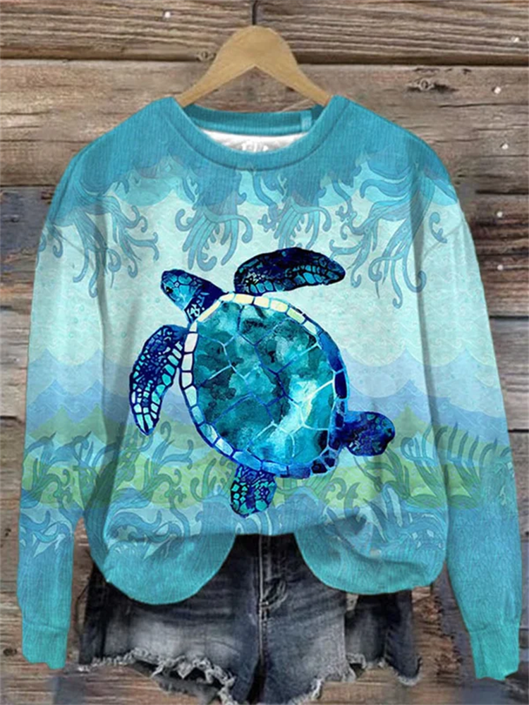 Comstylish Women's Casual Turtle Print Long Sleeve Sweatshirt