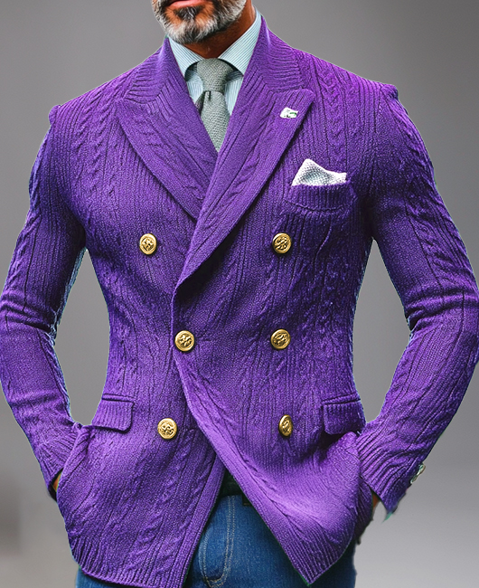 Okaywear Knitted Peak Lapel Double Breasted Chest Pocket Blazer - Purple-L