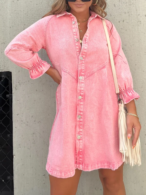 Long Sleeve Pink Downtown Denim Shirt Dress