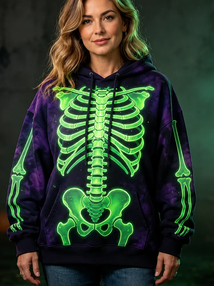 Comstylish Women's Glow-in-the-dark Skeleton Bone Graphic Print Casual Hoodie Sweatshirt