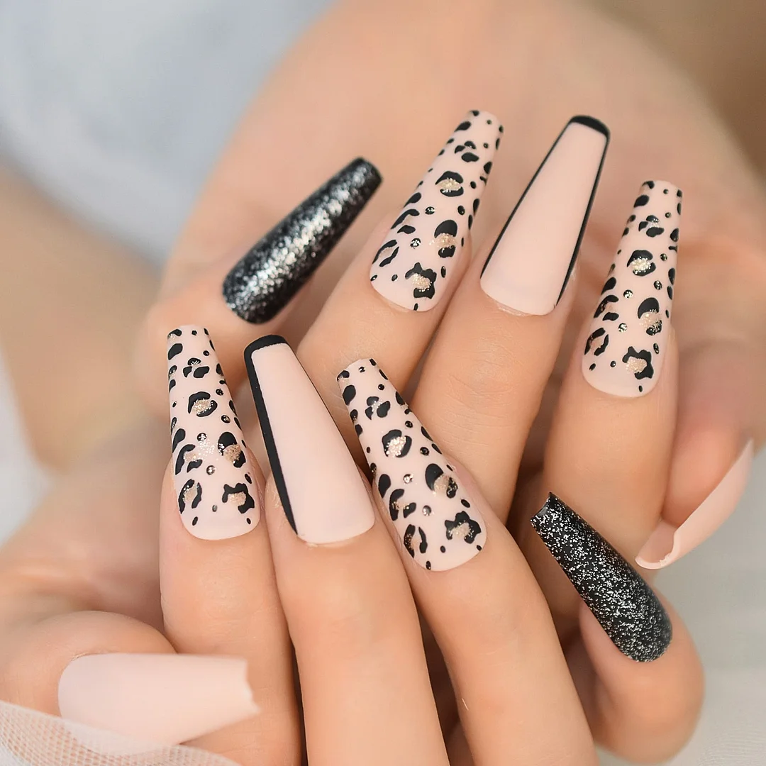Leopard Grain With Glitter Pre Designs Coffin Extra Long Fingernails Full Cover Nail Tips Press On Nail 2021 Supplying Wholesale-Nail Inspo