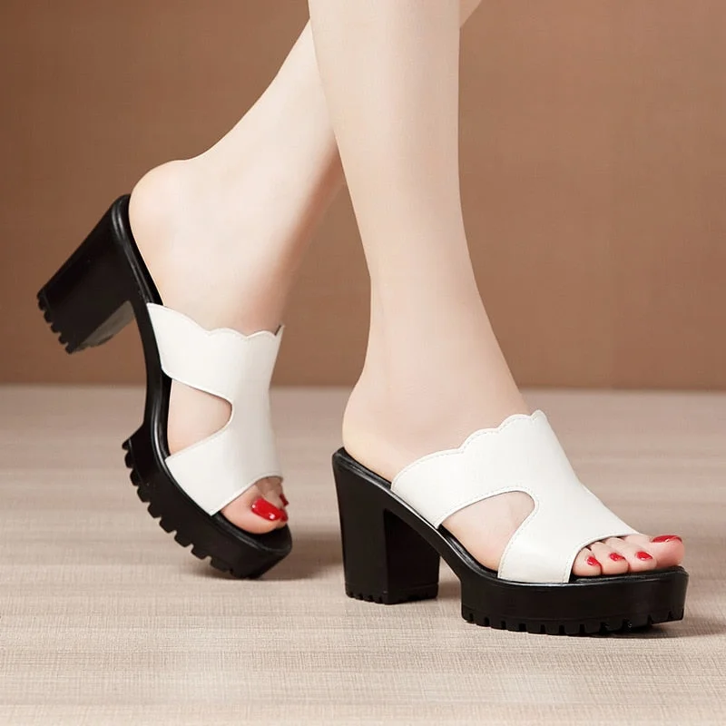 Heel Platform Slippers Women Wedding Shoes Summer 2021 Leather Slippers High Heels Slides Ladies Slipper
