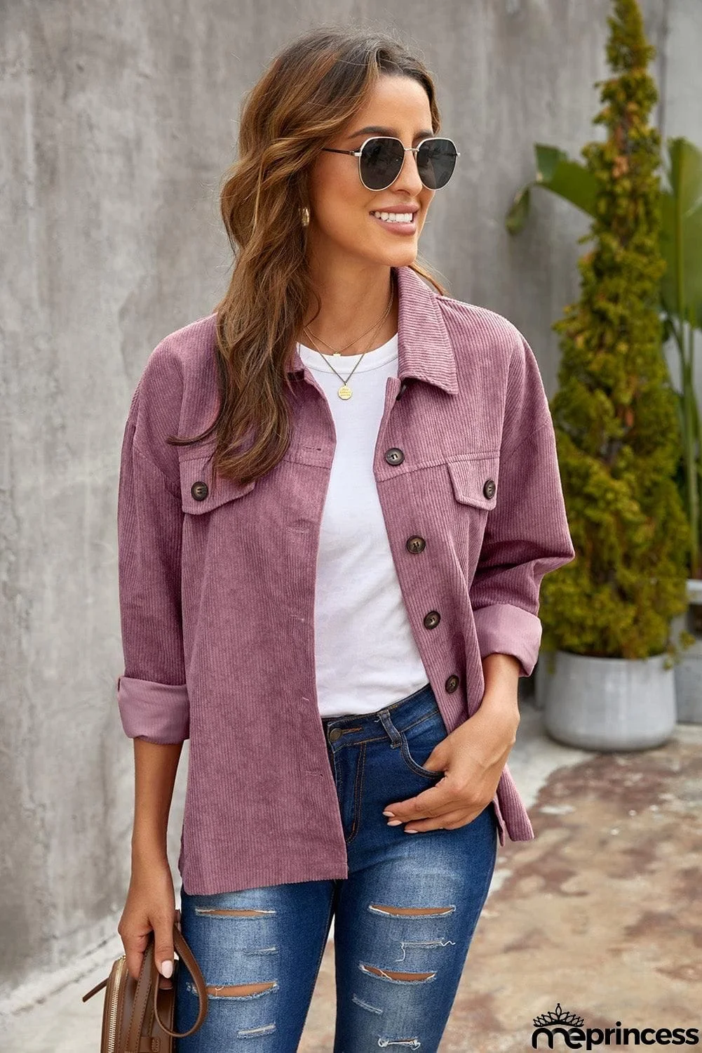 Corduroy Long Sleeve Button-Up Shirt Jacket
