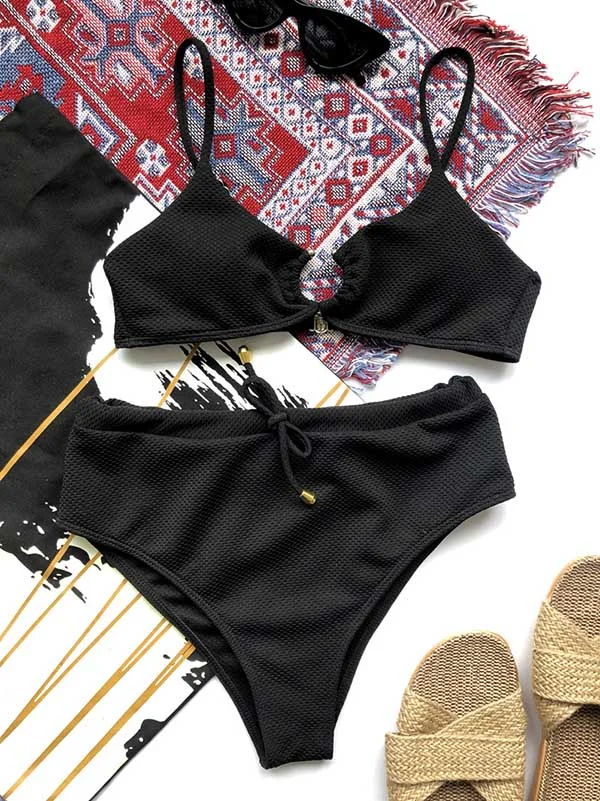 Solid Color Hollow Embellished Bandage Split Bikini Swimsuit