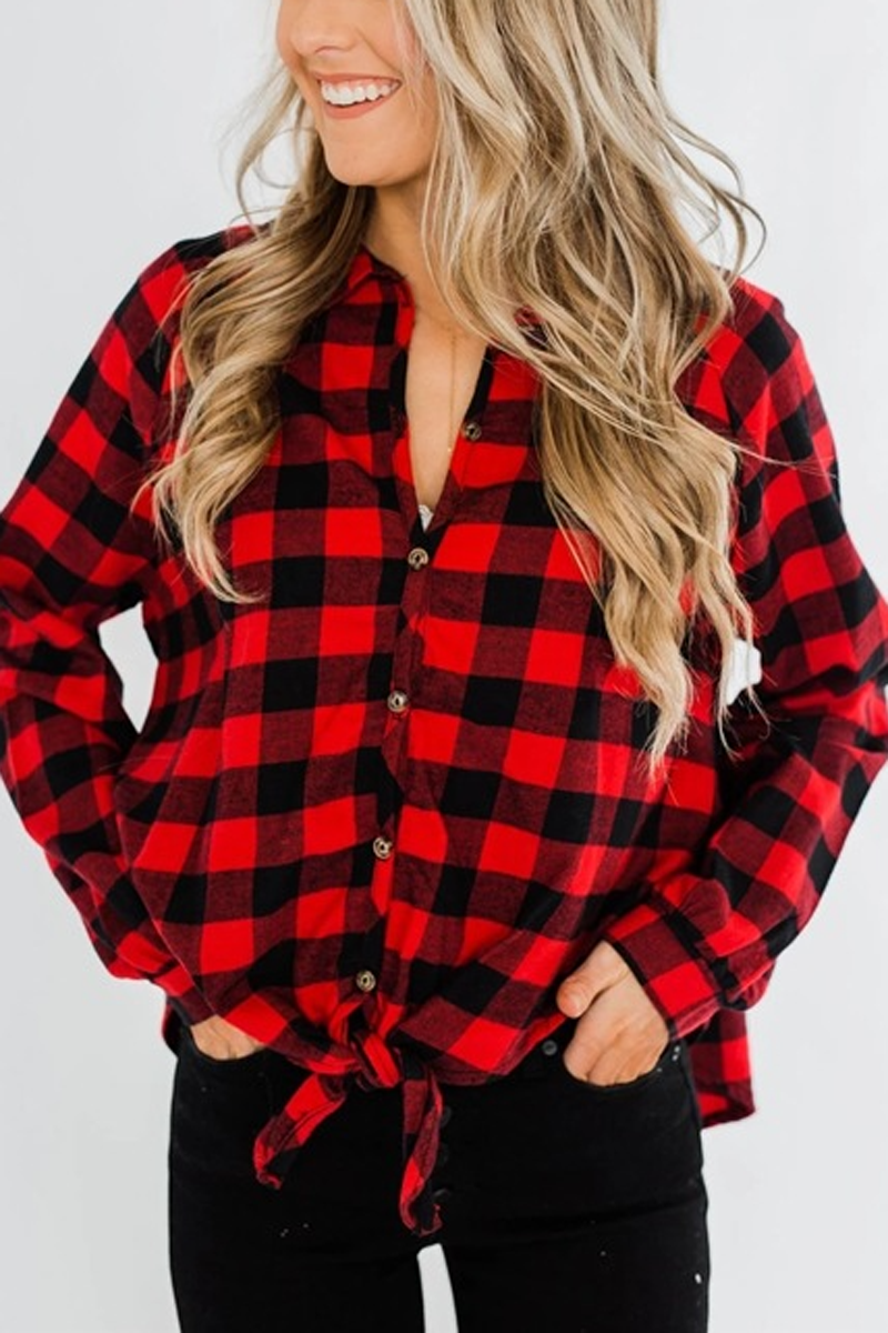 Plaid Casual Lapel Knotted Blouse