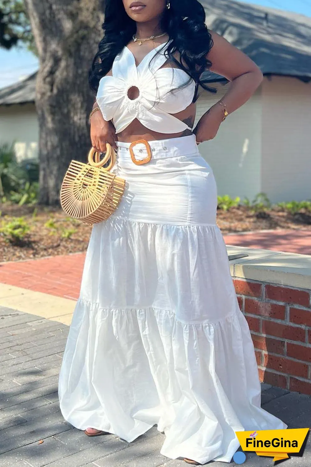 White Sexy Casual Elegant Vacation Patchwork Backless With Belt Solid Color Spaghetti Strap Sleeveless Two Pieces