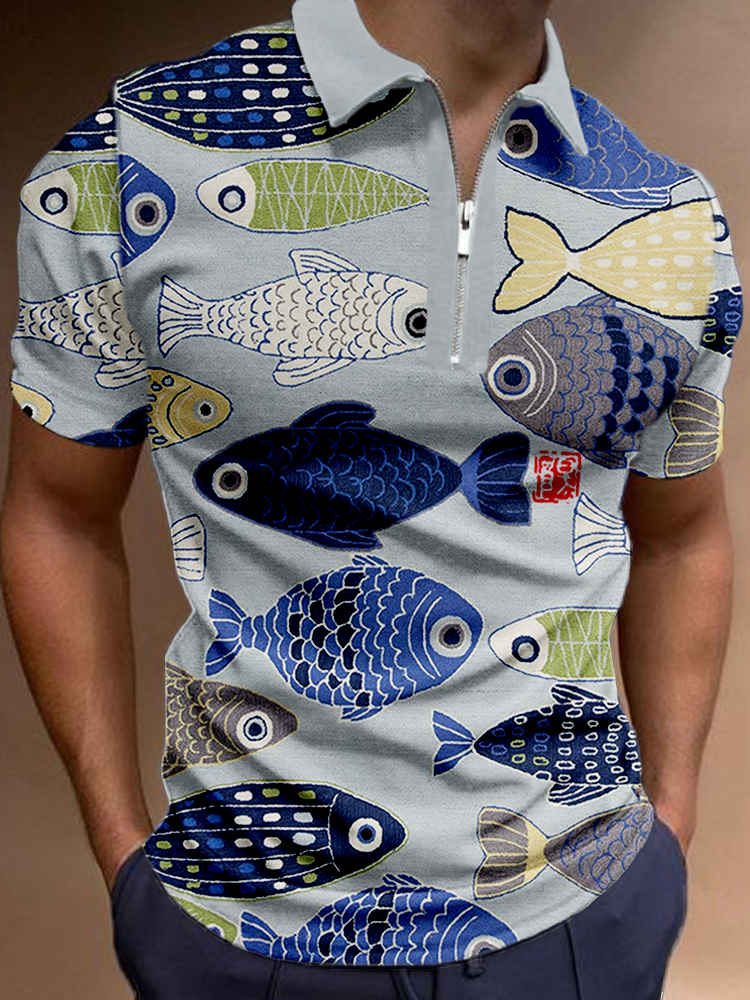 menweary Men's Vintage Fish Japanese Art Zip Up Polo Shirt