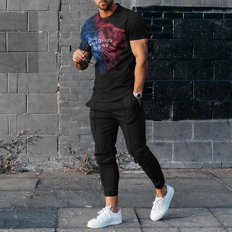 Men'S Personality Lion Short Sleeve T-Shirt And Pants Co-Ord