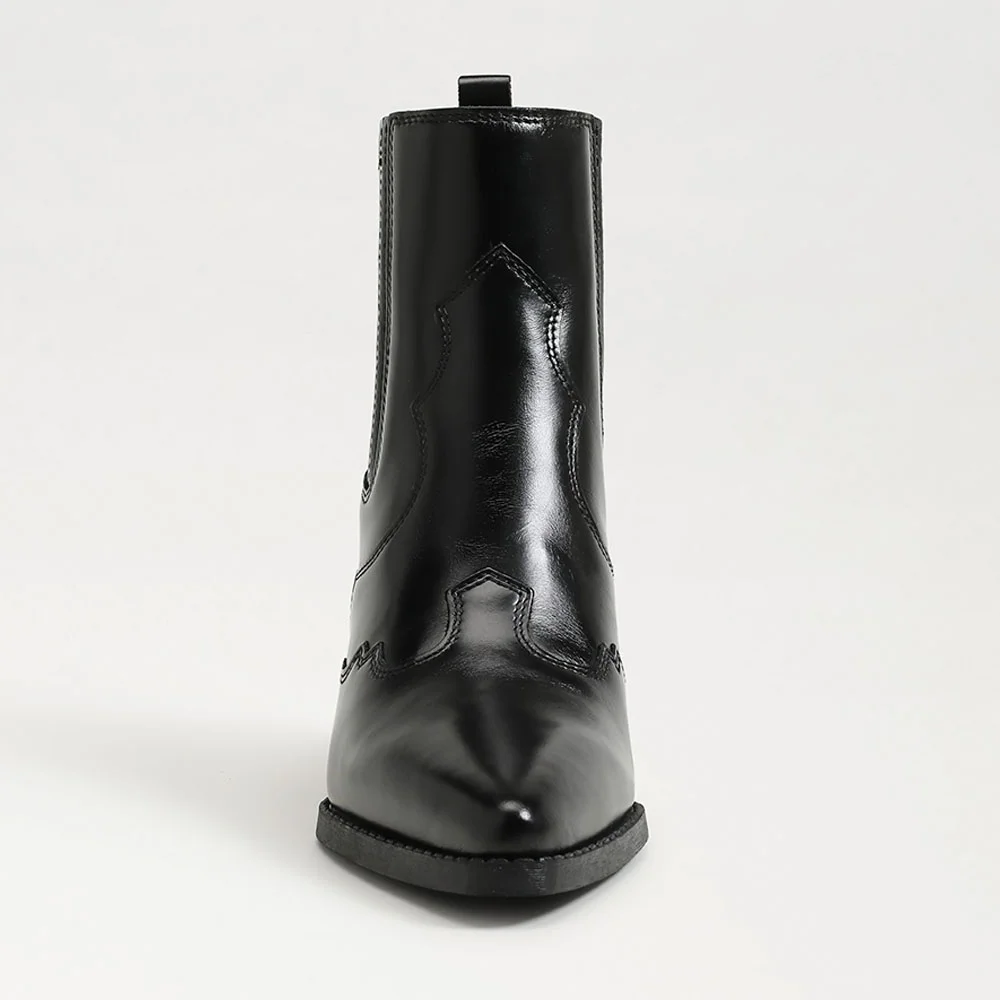 Black Faux Leather Pointed Toe Stitching Western Boots for Women