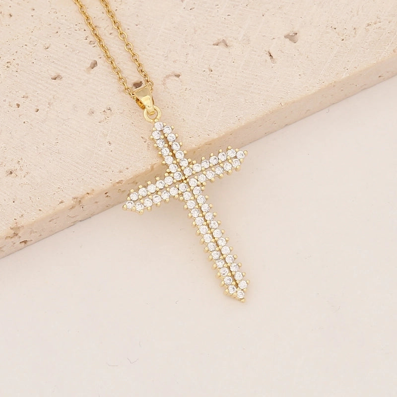 Commute Cross Copper Inlay 18K Gold Plated Zircon Pendant Necklace