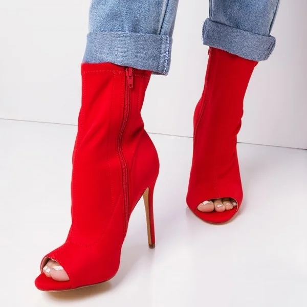 Red Peep Toe Booties Vegan Suede Stiletto Heel Zipper Ankle Boots |FSJ Shoes