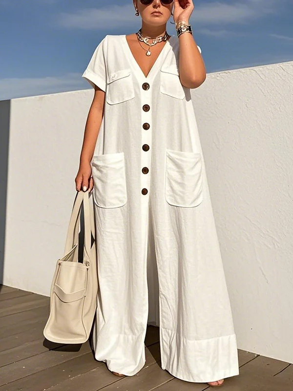 Solid Color Pockets Buttoned Wide Leg Short Sleeves V-neck Jumpsuits