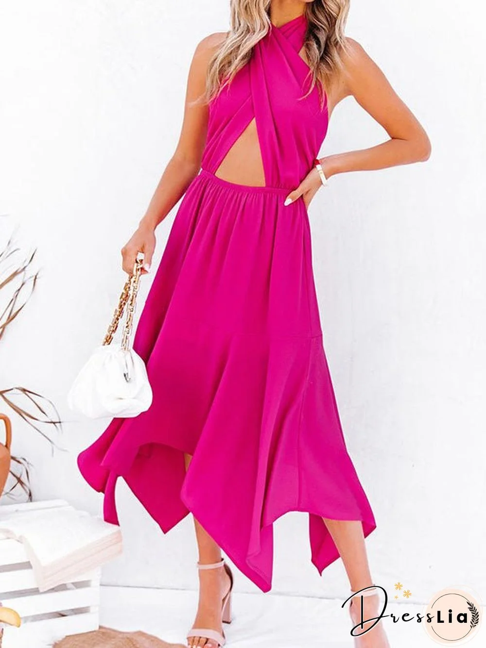 Women'S Dresses Solid Cross Halter Hollow Sleeveless Dress