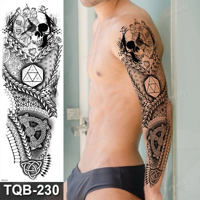 fake tattoo man boy black geometric temporary tattoo machine mechanical fake henna tattoo sticker large big size body art decal