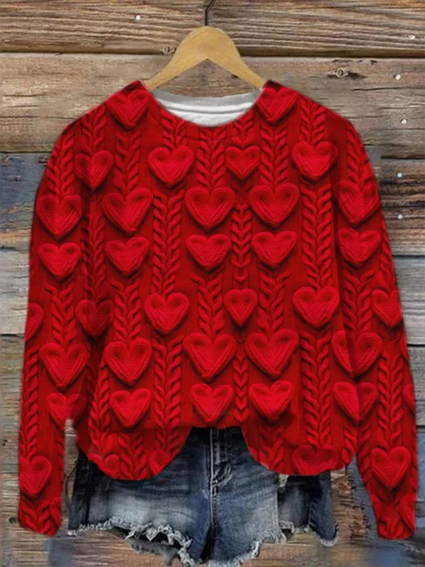 Women's Red Heart Knitted Printed Casual Long-Sleeved Sweatshirt ​