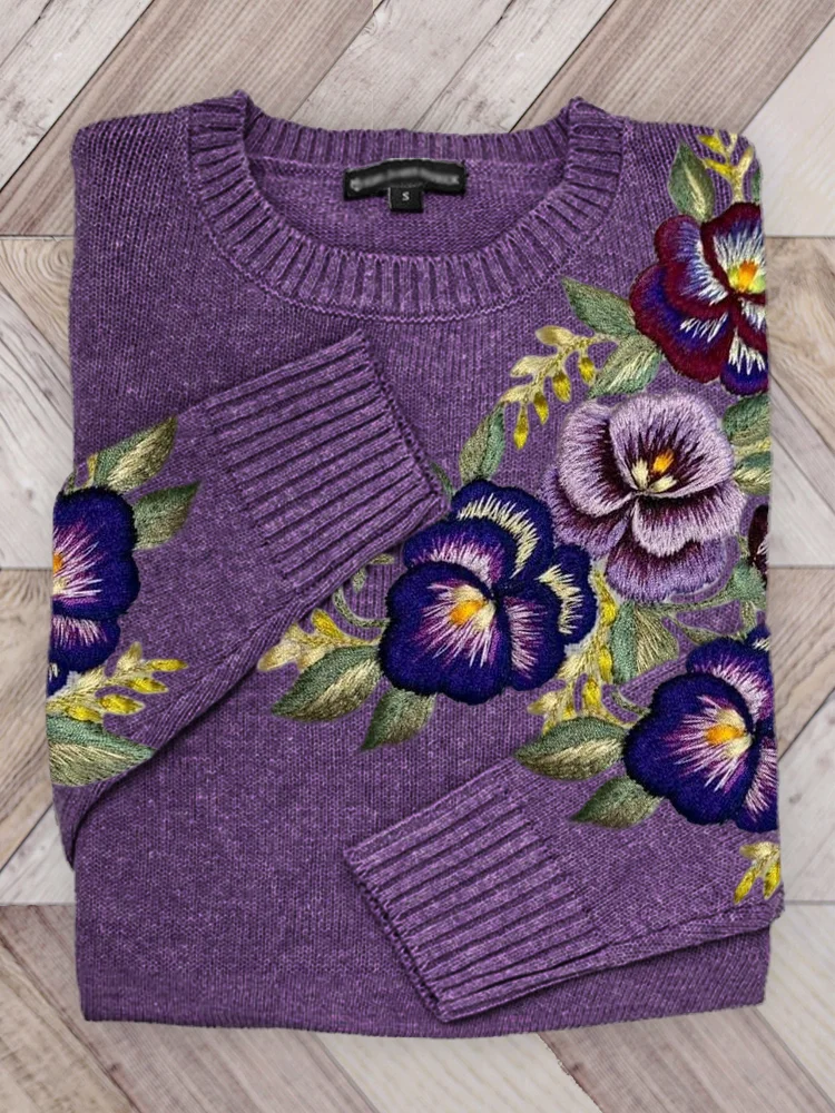 VChics Pansy Flowers Embroidery Cozy Knit Sweater