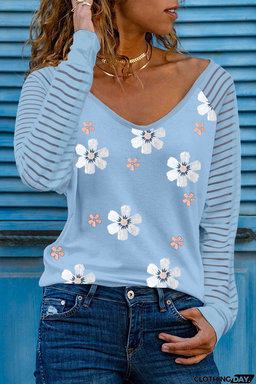 Daisy Print Mesh Patchwork Long Sleeve Top