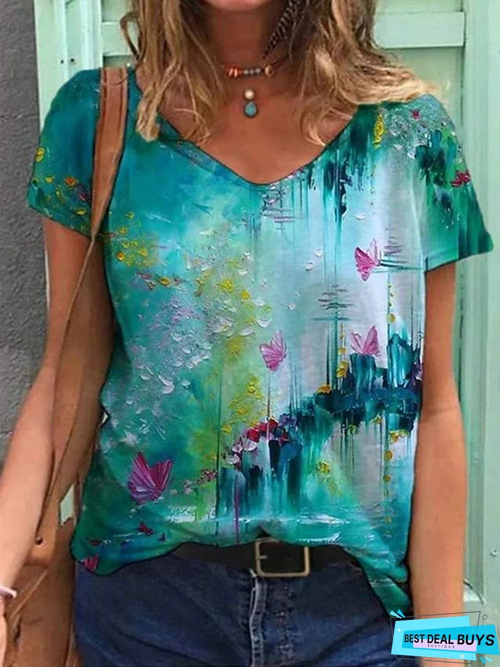 Women's Floral Theme T-shirt Floral Flower Print V Neck Tops Basic Top Blue Purple Red