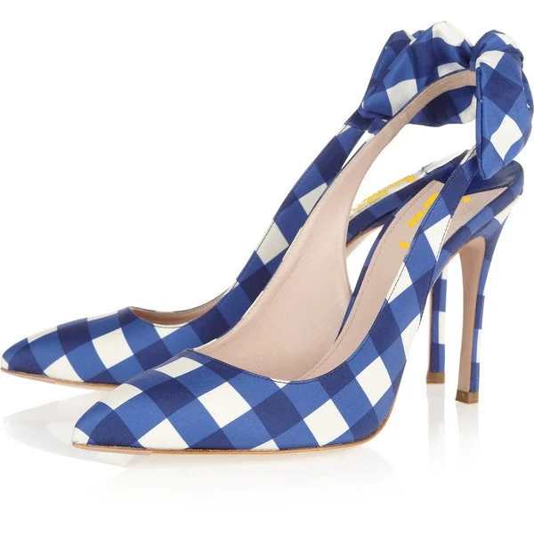 Blue And White Plaid Bow Heels Stiletto Heels Slingback Pumps |FSJ Shoes