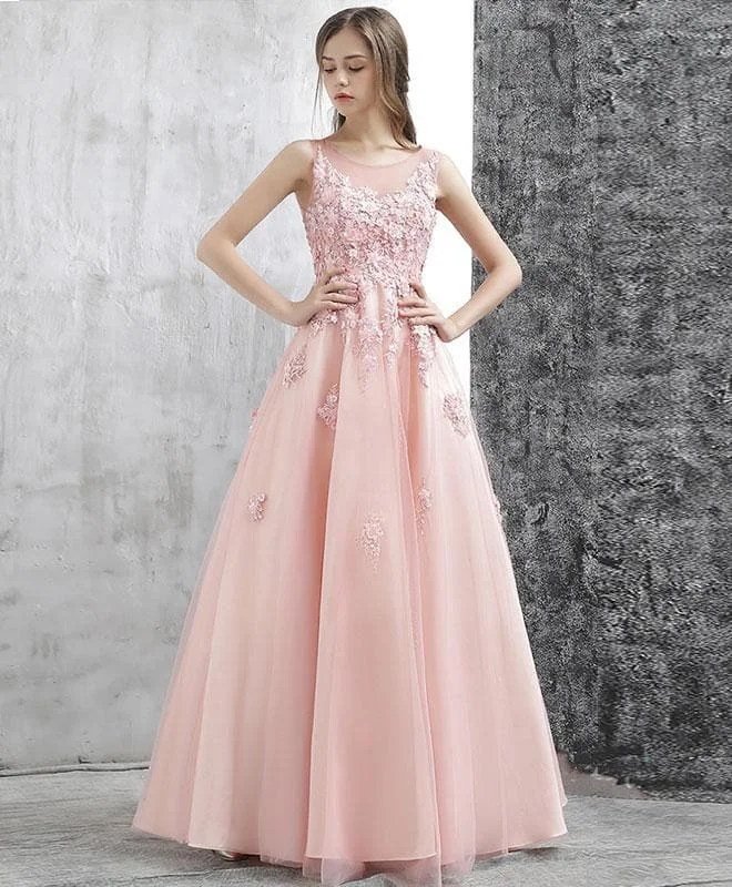 Pink A Line Tulle Lace Long Prom Dress, Pink Evening Dress