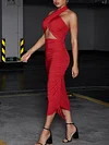 Sexy Halterneck Hollow Backless Solid Color Midi Dress
