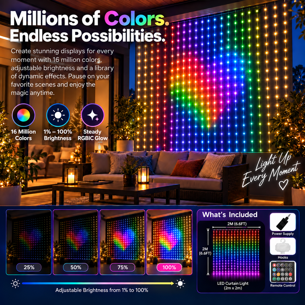 Smart LED curtain lights displaying multiple colors