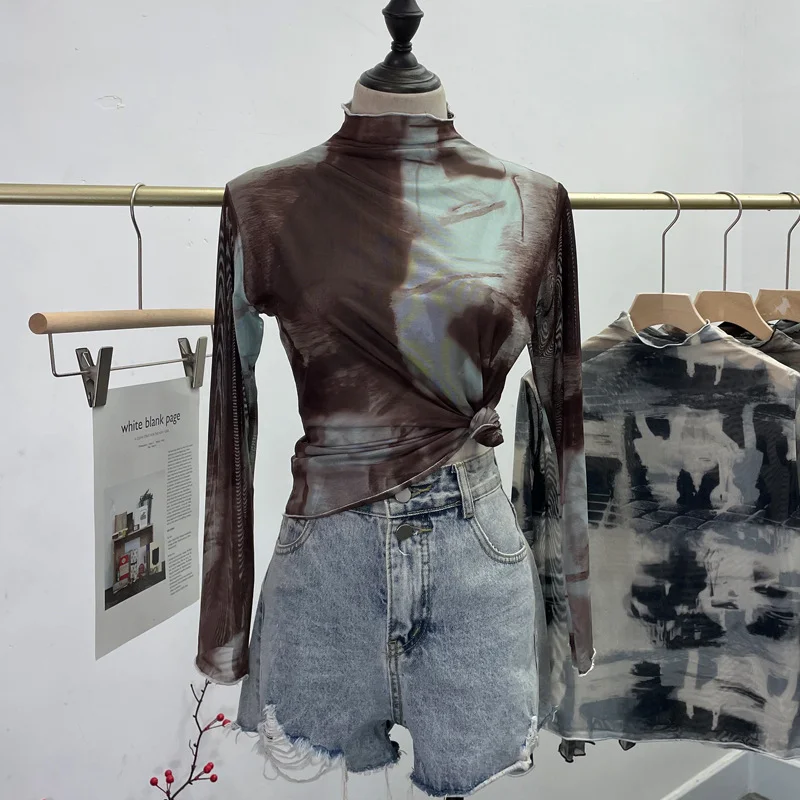 Uveng Real Shooting Wave Side Half-High Collar Net Yarn Dyed Long Sleeve Thin Inside The Bottom Shirt Autumn And Winter Folded T-Shirt 8921