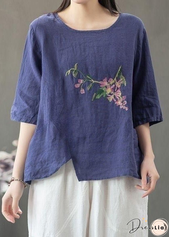 Loose Linen O Neck Print Linen T Shirt Half Sleeve