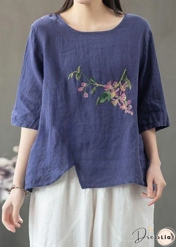 Loose Linen O Neck Print Linen T Shirt Half Sleeve