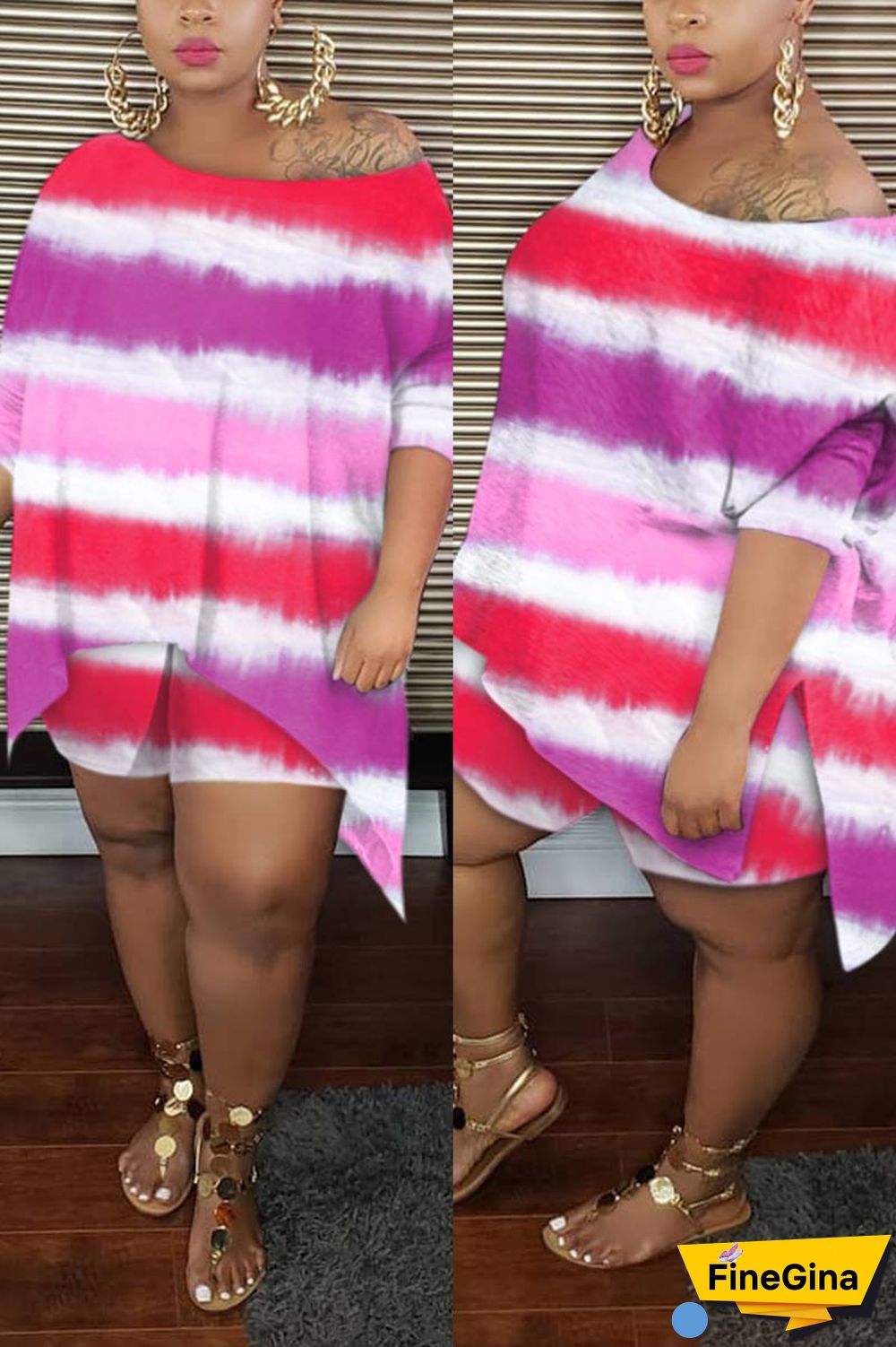 Casual Oblique Collar Print Plus Size Set