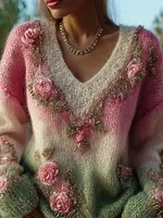 Vintage Boho Roses Embroidered Gradient Cozy Knit Sweater