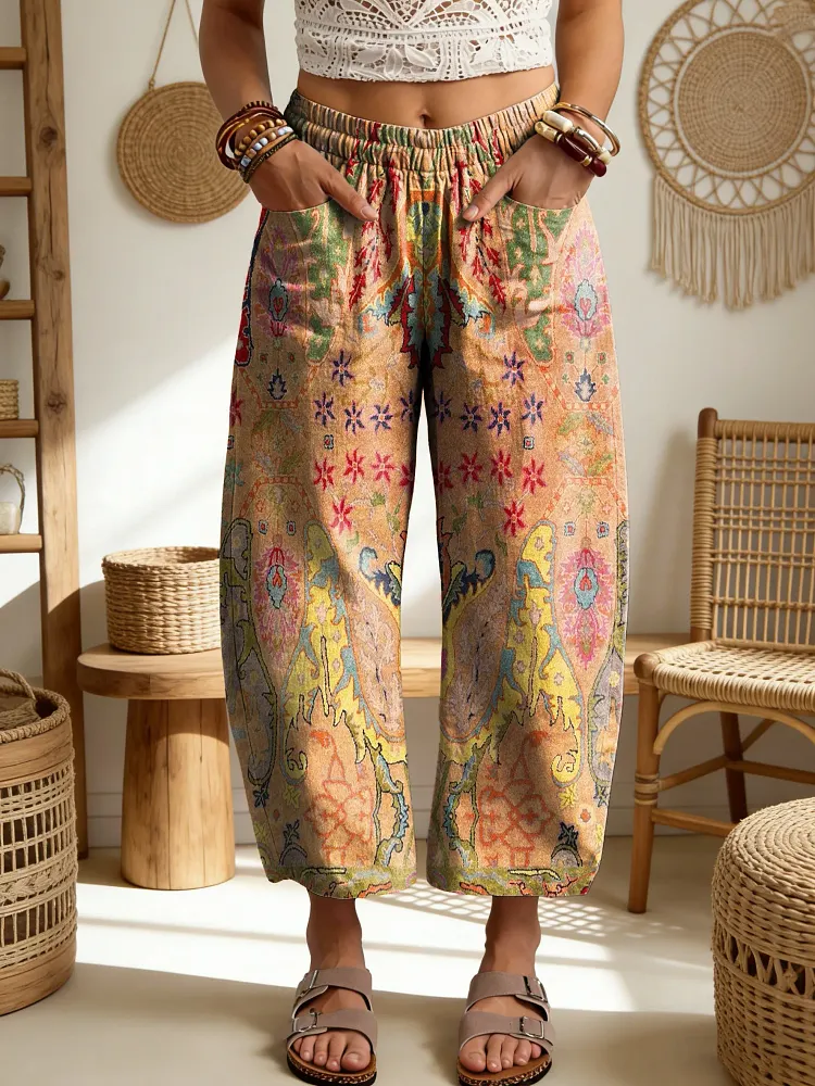 Women's Ethnic Floral Art Print Elastic Waist Pocket Cotton Pants